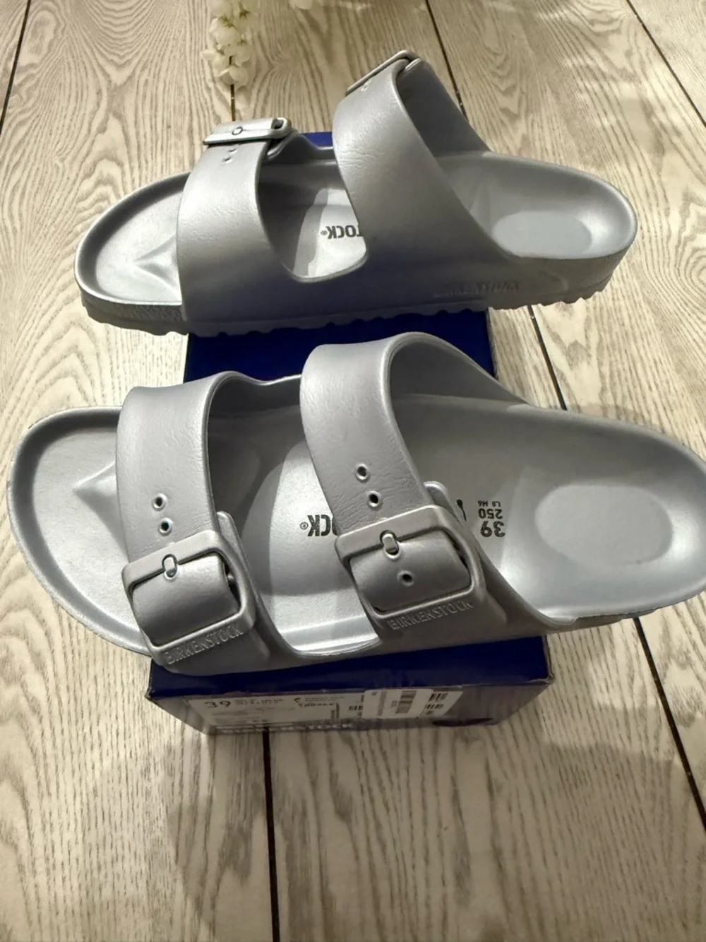 Birkenstock Arizona EVA Metallic Silver Two-Strap Sandals